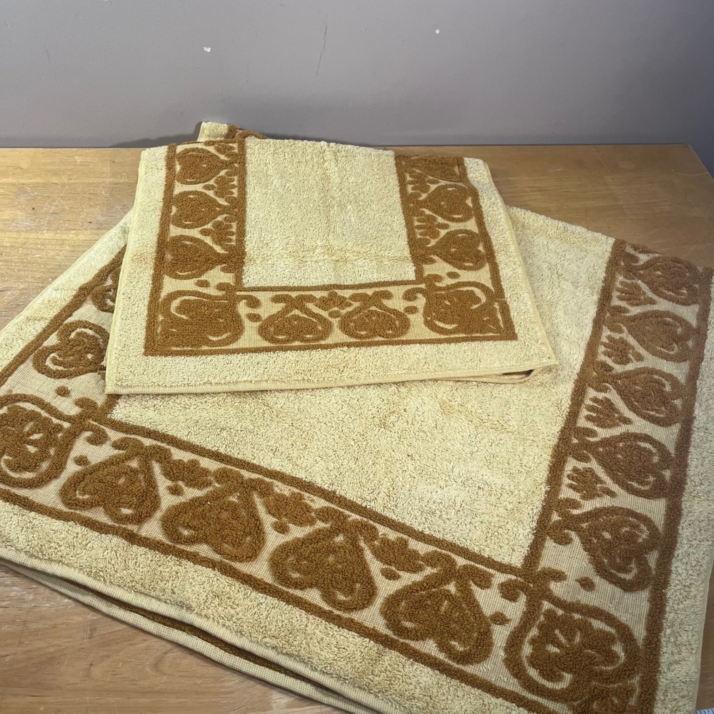 Sears Towel Set Vtg Straw Yellow Brown Scroll Heart Damask 2pc Cotton